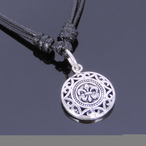 Adjustable Wax Rope Necklace with S925 Sterling Silver Fleur De Lis Mandala Pendant - Handmade by Gem & Silver NK008