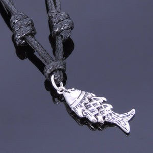 Adjustable Wax Rope Necklace with S925 Sterling Silver Lucky Chinese Fish Pendant for Positive Healing Energy - Handmade by Gem & Silver NK011-W137