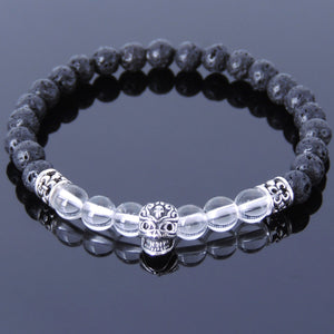 6mm White Crystal Quartz & Lava Rock Healing Stone Bracelet with S925 Sterling Silver Day of the Dead Skull Bead & Fleur de Lis Spacers- Handmade by Gem & Silver BR407