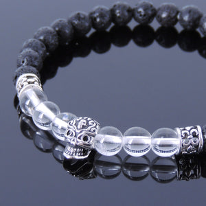 6mm White Crystal Quartz & Lava Rock Healing Stone Bracelet with S925 Sterling Silver Day of the Dead Skull Bead & Fleur de Lis Spacers- Handmade by Gem & Silver BR407