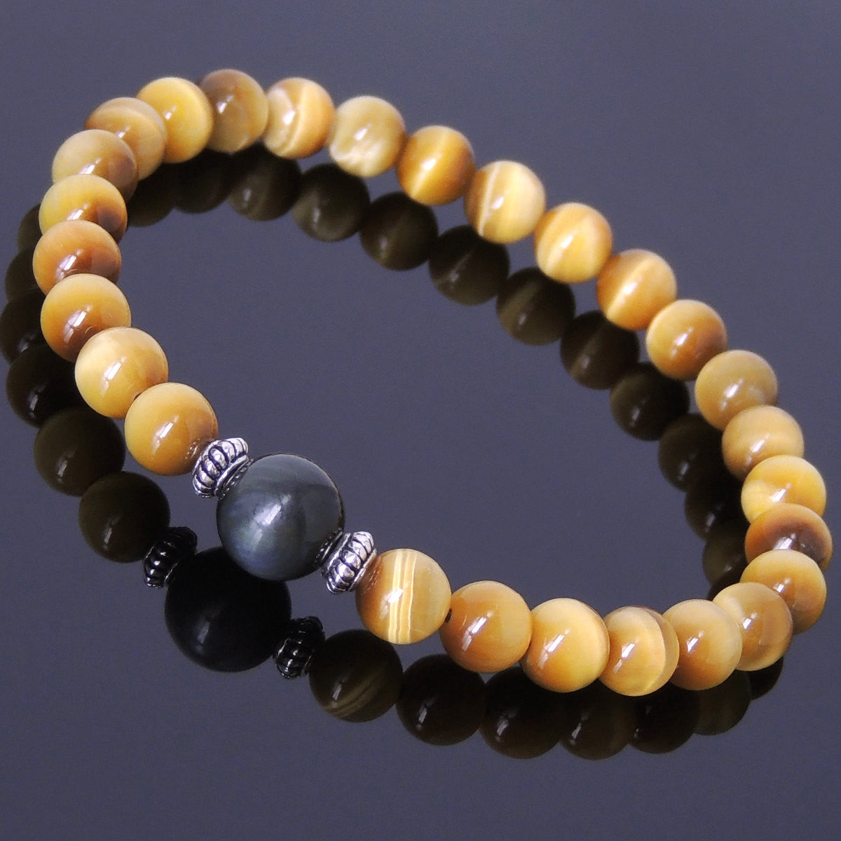 Meditation Chakra Healing Protection Crystals Tai Chi Golden Tiger Eye & Rainbow Black Obsidian Healing Gemstone Bracelet with S925 Sterling Silver Spacer Beads - Handmade by Gem & Silver BR413