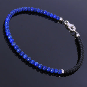 3mm Lapis Lazuli & Matte Black Onyx Healing Gemstone Anklet with S925 Sterling Silver Spacer Beads & Clasp - Handmade by Gem & Silver AN002