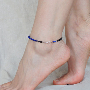 Lapis Lazuli & Matte Black Onyx Healing Gemstone Anklet with S925 Sterling Silver Spacers & Clasp - Handmade by Gem & Silver AN009