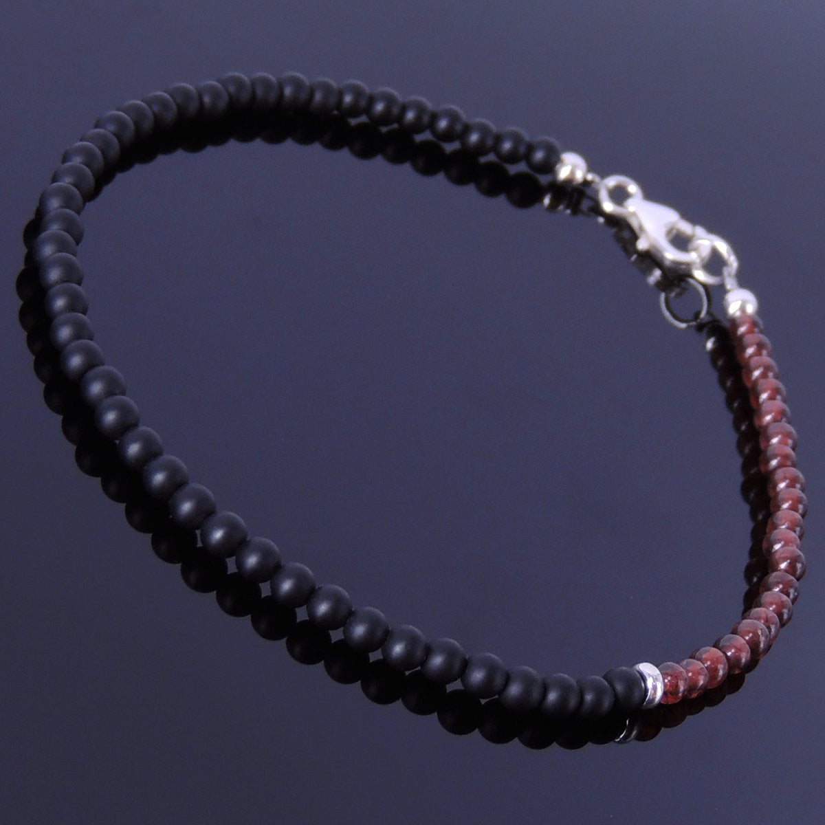 Natural Garnet and Matte Black Onyx Anklet with S925 Sterling Silver Clasp & Spacer - Handmade by Gem & Silver AN003