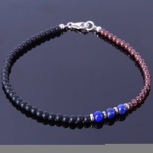 Garnet Lapis Lazuli & Matte Black Onyx Healing Gemstone Anklet with S925 Sterling Silver Spacers & Clasp - Handmade by Gem & Silver AN007
