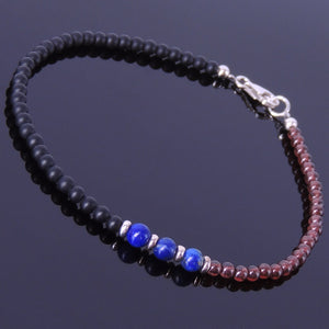 Garnet Lapis Lazuli & Matte Black Onyx Healing Gemstone Anklet with S925 Sterling Silver Spacers & Clasp - Handmade by Gem & Silver AN007