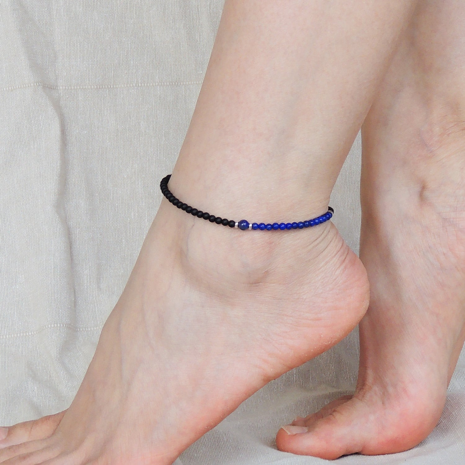 Lapis Lazuli & Matte Black Onyx Healing Gemstone Anklet with S925 Sterling Silver Spacers & Clasp - Handmade by Gem & Silver AN009