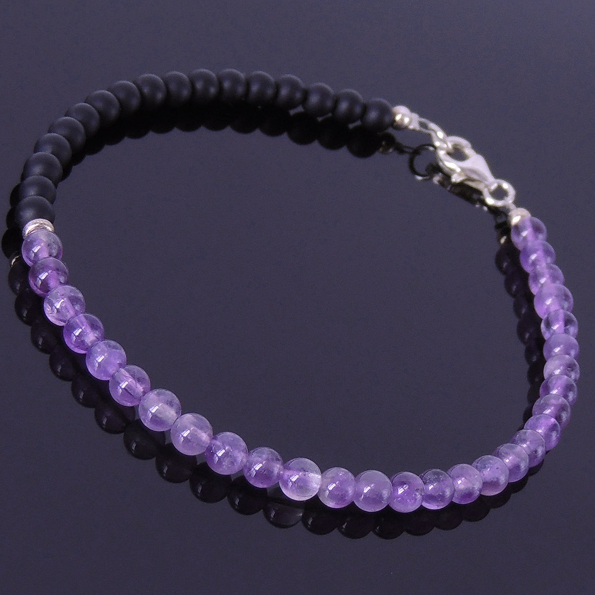 4mm Amethyst & Matte Black Onyx Healing Gemstone Anklet with S925 Sterling Silver Spacer Beads & Clasp - Handmade by Gem & Silver AN008