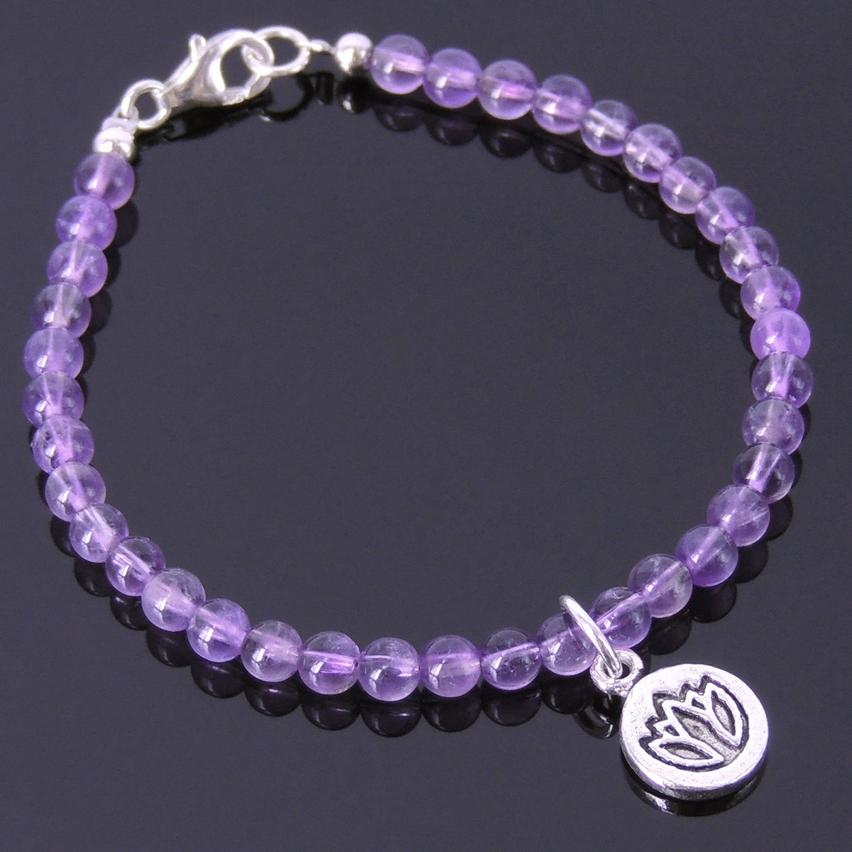 4mm Amethyst Healing Gemstone Anklet with S925 Sterling Silver Spacers Lotus Pendant & Clasp - Handmade by Gem & Silver AN011
