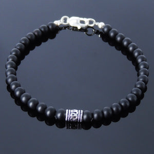 4mm Matte Black Onyx Healing Gemstone Anklet with S925 Sterling Silver Artisan Barrel Bead & Clasp - Handmade by Gem & Silver AN018