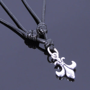 Adjustable Wax Rope Necklace with S925 Sterling Silver Fleur de Lis Pendant - Handmade by Gem & Silver NK012