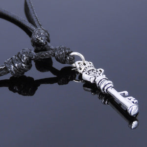 Adjustable Wax Rope Necklace with S925 Sterling Silver Vintage Crown Key Pendant - Handmade by Gem & Silver NK013