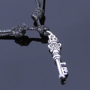 Adjustable Wax Rope Necklace with S925 Sterling Silver Vintage Crown Key Pendant - Handmade by Gem & Silver NK013