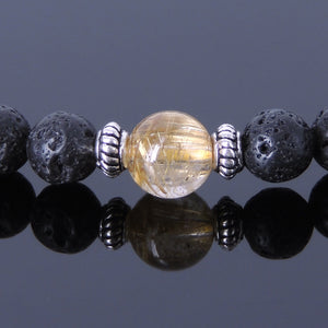 Golden Rutilated Quartz & Lava Rock Healing Gemstone Bracelet with S925 Sterling Silver Spacers - Handmade by Gem & Silver BR421