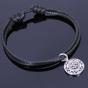 Adjustable Wax Rope Bracelet with S925 Sterling Silver Fleur de Lis Mandala Pendant - Handmade by Gem & Silver BR414