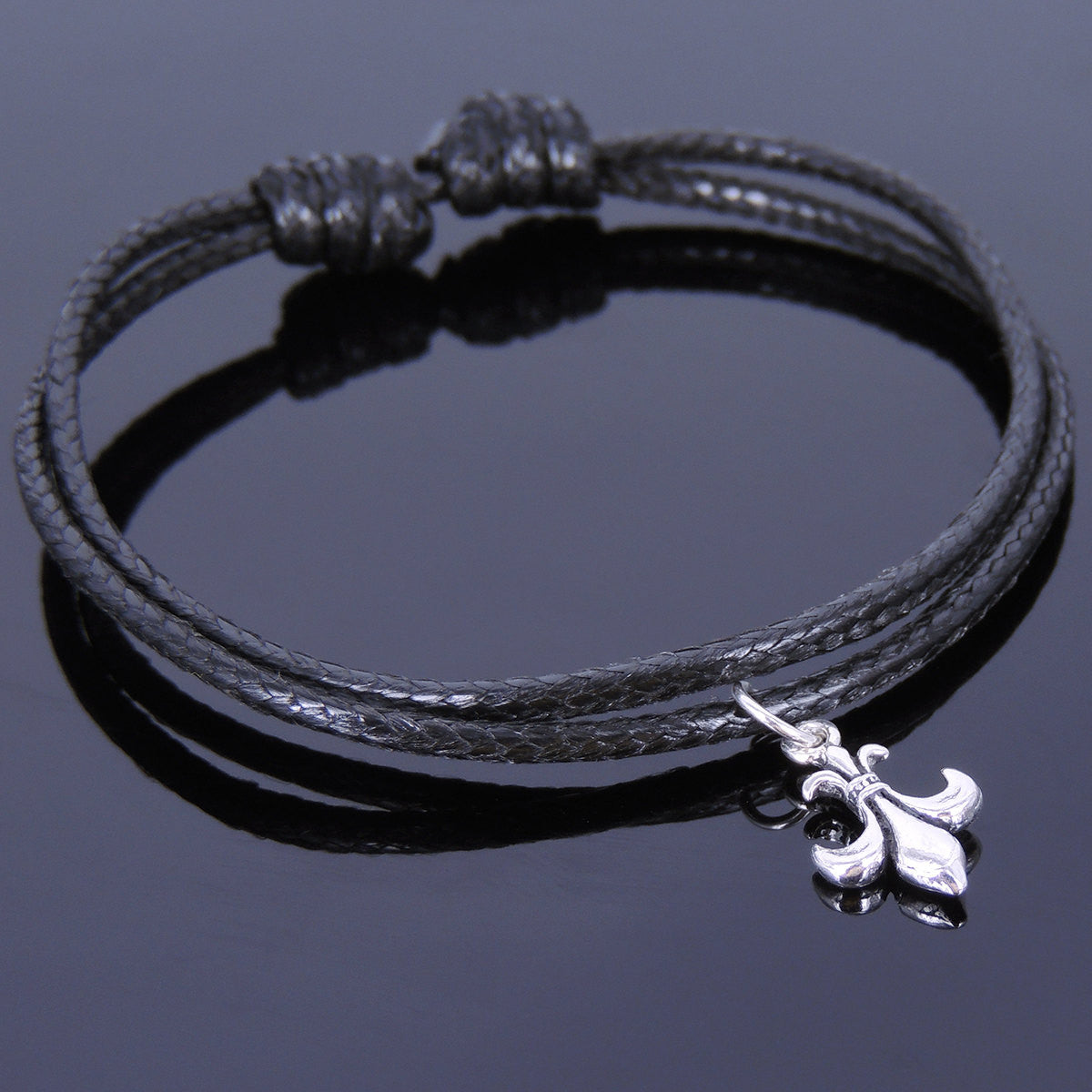Adjustable Wax Rope Bracelet with S925 Sterling Silver Fleur de Lis Pendant - Handmade by Gem & Silver BR416