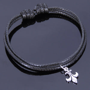 Adjustable Wax Rope Bracelet with S925 Sterling Silver Fleur de Lis Pendant - Handmade by Gem & Silver BR416