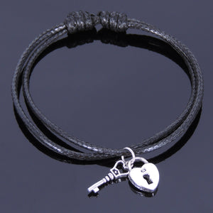 Adjustable Wax Rope Bracelet with S925 Sterling Silver Vintage Key & Lock Heart Pendant - Handmade by Gem & Silver BR415