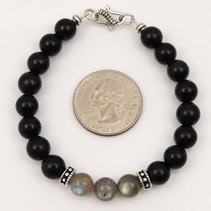 8mm Rainbow Black Obsidian & Labradorite Healing Gemstone Bracelet with S925 Sterling Silver Spacer Beads & Clasp - Handmade by Gem & Silver BR134