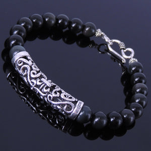 8mm Rainbow Black Obsidian Healing Gemstone Bracelet with S925 Sterling Silver Lotus Protection Charm & S-hook Clasp - Handmade by Gem & Silver BR126