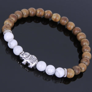 White Howlite & Vietnam Agarwood Bracelet for Prayer & Meditation with Tibetan Silver Vintage Elephant Bead - Handmade by Gem AWB039