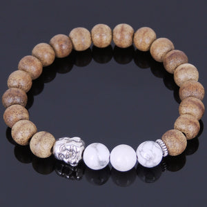 Meditation Agarwood & White Howlite Healing Gemstone Bracelet with Tibetan Silver Smiling Buddha Bead & Spacer - Handmade by Gem & Silver AWB033