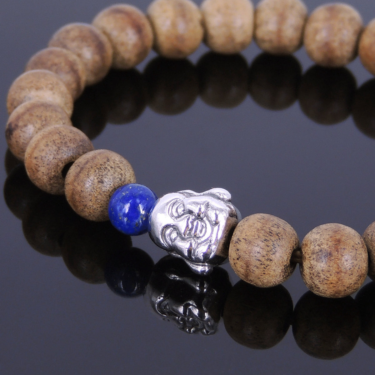 Lapis Lazuli & Agarwood Bracelet for Prayer & Meditation with Tibetan Silver Happy Buddha Courage Bead - Handmade by Gem & Silver AWB003