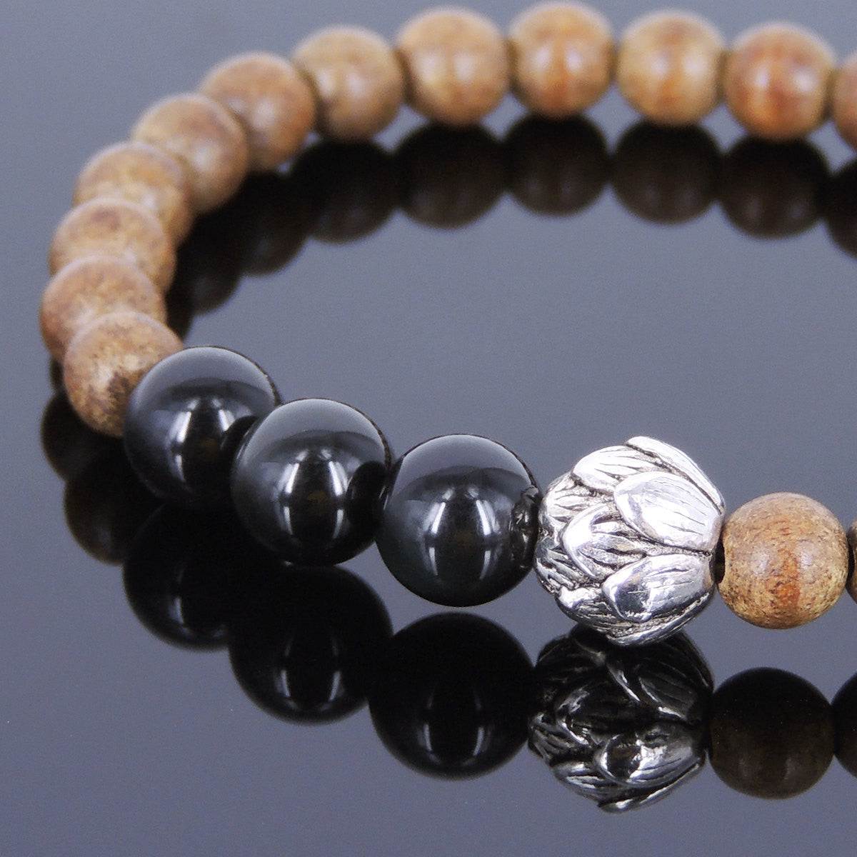 Rainbow Black Obsidian & Agarwood Bracelet for Prayer & Meditation with Tibetan Silver Lotus Protection Bead - Handmade by Gem & Silver AWB028