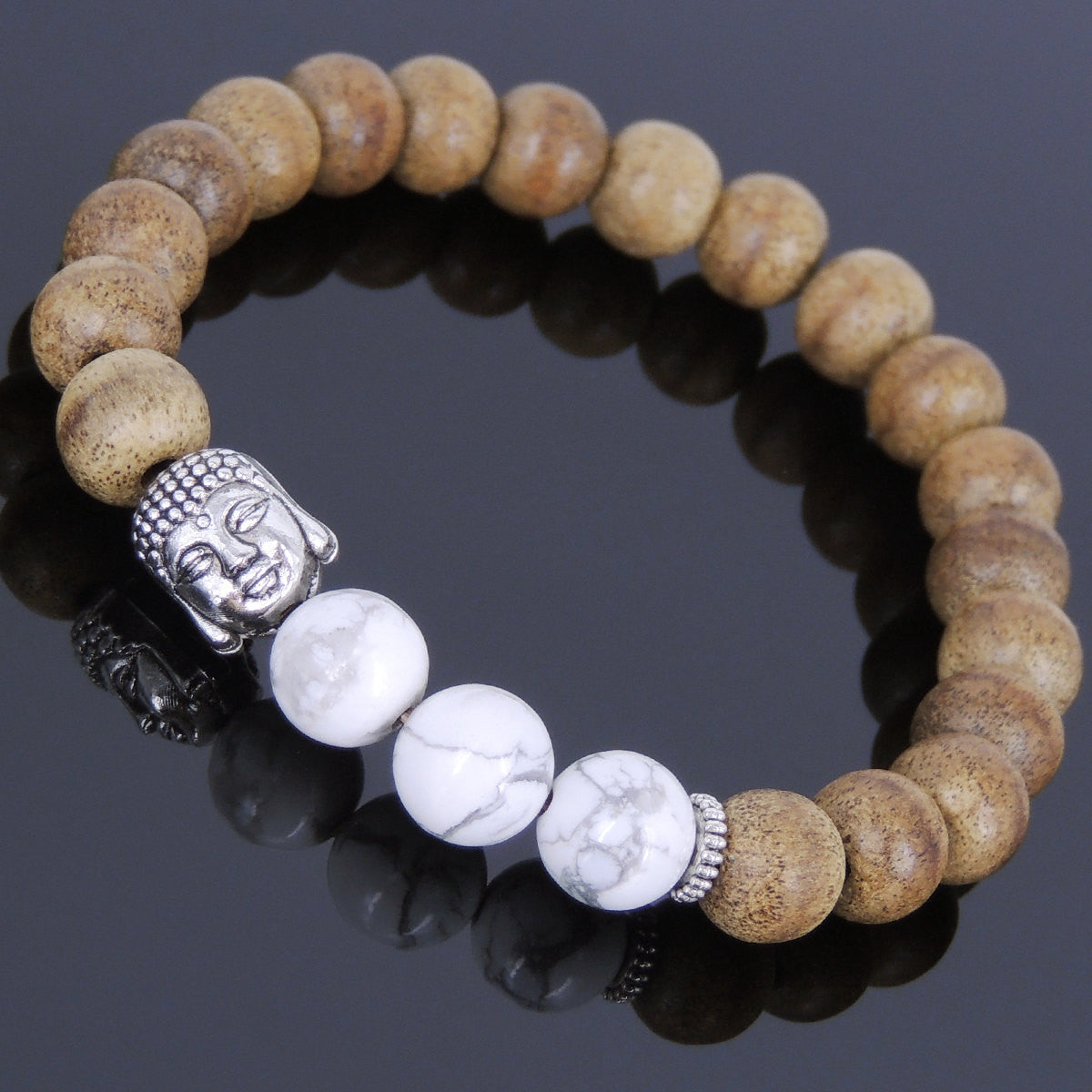 Meditation Agarwood & White Howlite Healing Gemstone Bracelet with Tibetan Silver Sakyamuni Buddha Bead & Spacer - Handmade by Gem & Silver AWB032