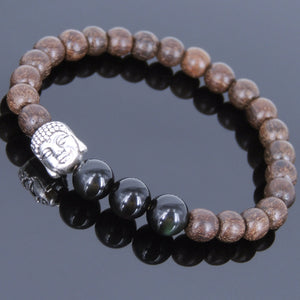 Meditation Red Agarwood & Black Obsidian Gemstone Bracelet with Tibetan Silver Sakyamuni Buddha Bead - Handmade by Gem & Silver AWB041