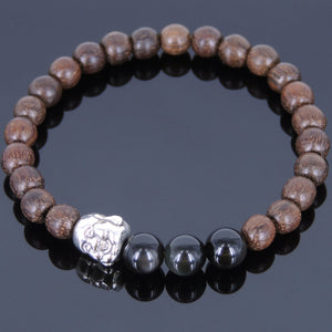Meditation Red Agarwood & Black Obsidian Gemstone Bracelet with Tibetan Silver Smiling Buddha Meditation Mala Bead - Handmade by Gem & Silver AWB042