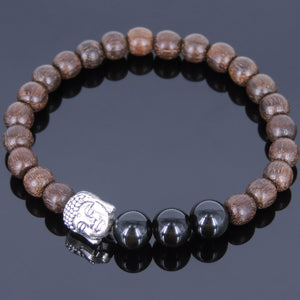 Meditation Red Agarwood & Black Obsidian Gemstone Bracelet with Tibetan Silver Sakyamuni Buddha Bead - Handmade by Gem & Silver AWB041