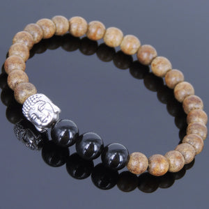 Meditation Agarwood & Black Obsidian Healing Gemstone Bracelet with Tibetan Silver Sakyamuni Buddha Meditation Mala Bead - Handmade by Gem & Silver AWB043