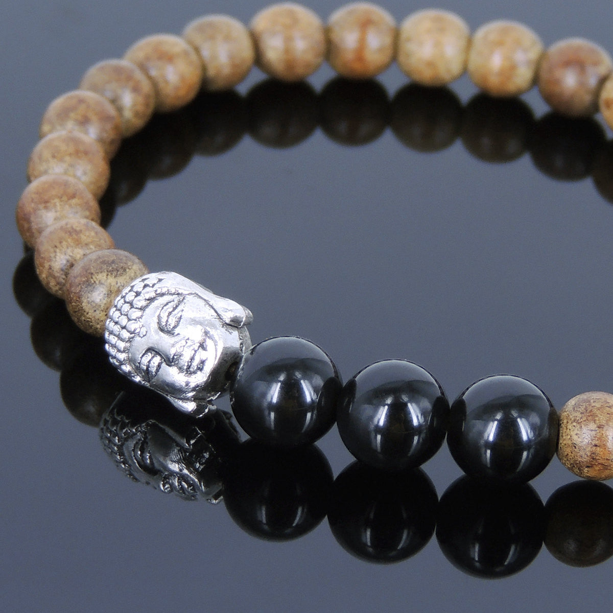 Meditation Agarwood & Black Obsidian Healing Gemstone Bracelet with Tibetan Silver Sakyamuni Buddha Meditation Mala Bead - Handmade by Gem & Silver AWB043