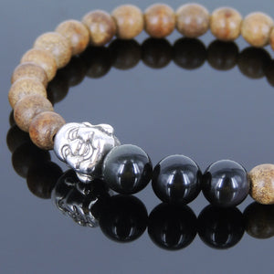Meditation Agarwood & Black Obsidian Gemstone Bracelet with Tibetan Silver Smiling Buddha Bead - Handmade by Gem & Silver AWB044