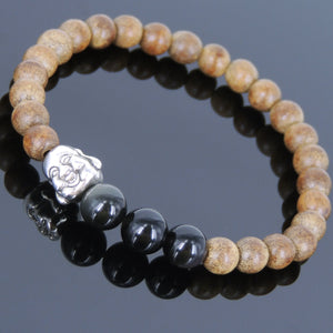 Meditation Agarwood & Black Obsidian Gemstone Bracelet with Tibetan Silver Smiling Buddha Bead - Handmade by Gem & Silver AWB044