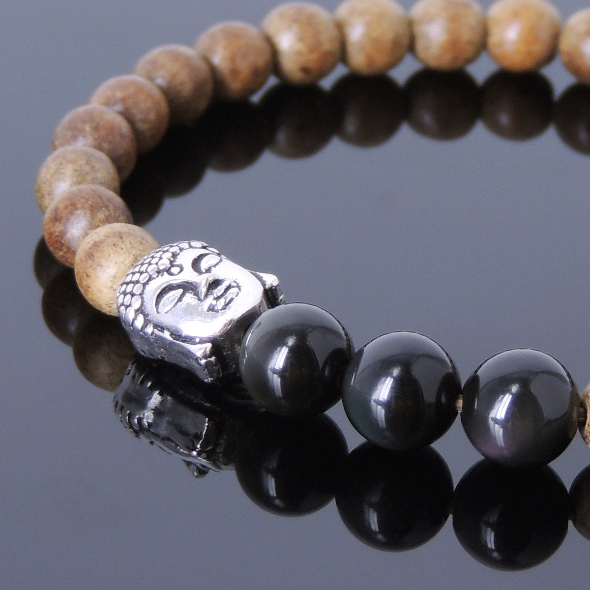 Agarwood & Rainbow Black Obsidian Meditation Bracelet with S925 Sterling Silver Guanyin Buddha Bead - Handmade by Gem & Silver BR439