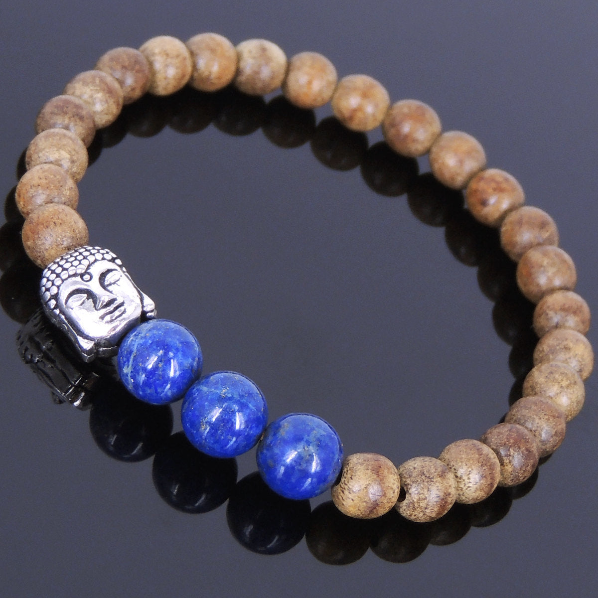 Agarwood & Lapis Lazuli Meditation Bracelet with S925 Sterling Silver Guanyin Buddha Bead - Handmade by Gem & Silver BR437