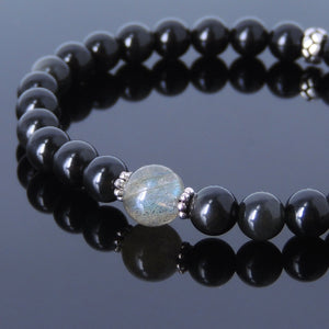 Rainbow Black Obsidian & Labradorite Healing Gemstone Bracelet with S925 Sterling Silver Spacer Beads - Handmade by Gem & Silver BR450