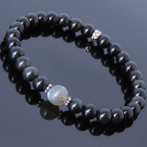 Rainbow Black Obsidian & Labradorite Healing Gemstone Bracelet with S925 Sterling Silver Spacer Beads - Handmade by Gem & Silver BR450