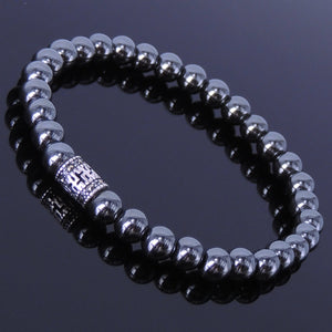 6mm Hematite Healing Gemstone Bracelet with S925 Sterling Silver Marcasite Buddhism Barrel Bead - Handmade by Gem & Silver BR136E