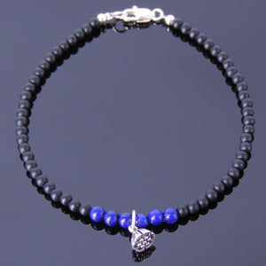 3mm Matte Black Onyx & Lapis Lazuli Healing Gemstone Anklet with S925 Sterling Silver Spacers Lotus Seedpod Pendant & Clasp - Handmade by Gem & Silver AN020