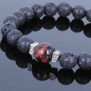 Red Tiger Eye & Lava Rock Healing Stone Bracelet with Tibetan Silver Square Spacers - Handmade by Gem and Silver TSB012
