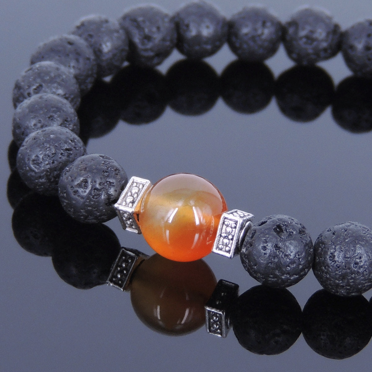 Red Carnelian & Lava Rock Healing Stone Bracelet with Tibetan Silver Square Spacers - Handmade by Gem and Silver TSB013