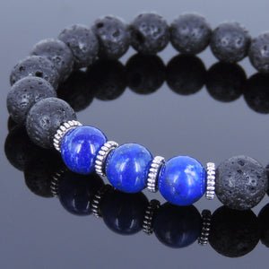 8mm Lapis Lazuli & Lava Rock Healing Gemstone Bracelet with Tibetan Silver Spacers - Handmade by Gem & Silver TSB018