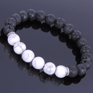 White Howlite & Lava Rock Healing Gemstone Bracelet with Tibetan Silver Spacers - Handmade by Gem & Silver TSB027