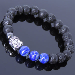 Lapis Lazuli Hematite & Lava Rock Healing Gemstone Bracelet with Tibetan Silver Sakyamuni Buddha - Handmade by Gem & Silver TSB036
