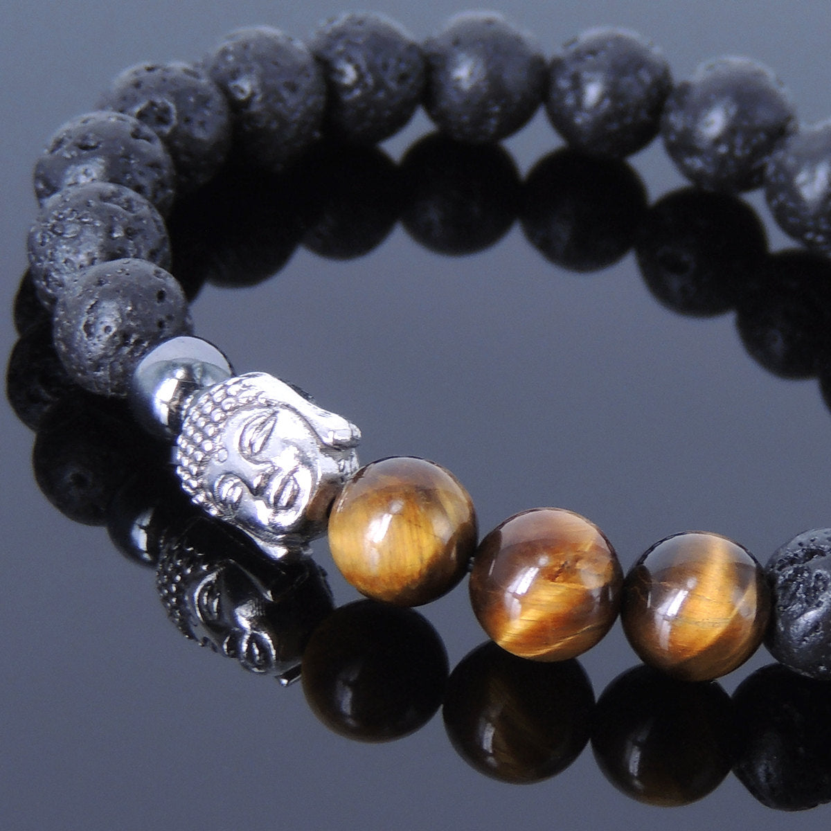 Brown Tiger Eye, Lava Rock & Hematite Healing Gemstone Bracelet with Tibetan Silver Guanyin Buddha & Spacers - Handmade by Gem & Silver TSB037