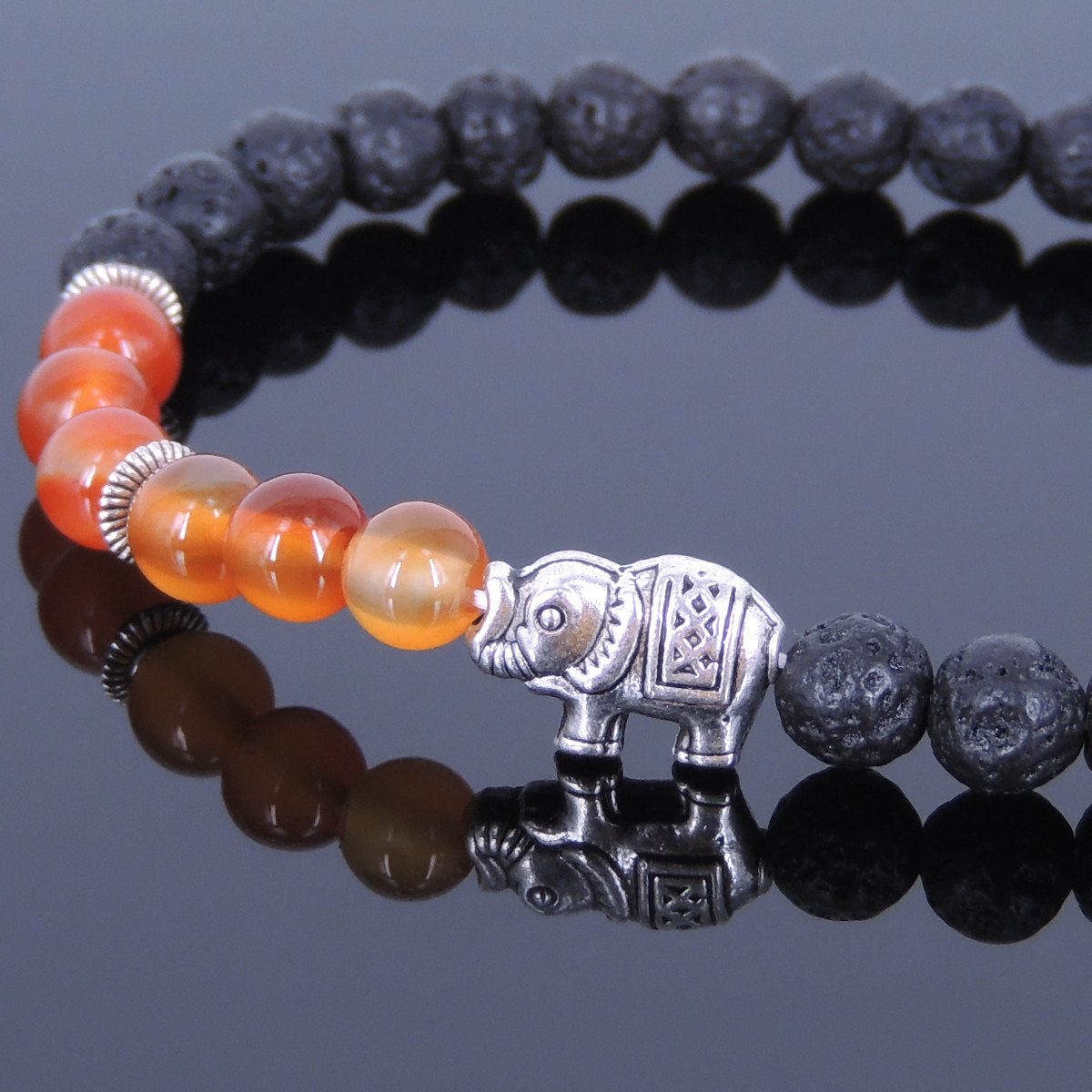 6mm Red Carnelian & Lava Rock Healing Stone Bracelet with Tibetan Silver Protection Elephant & Spacers - Handmade by Gem and Silver TSB049