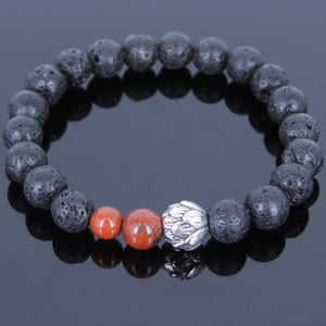 Red Jasper Stone & Lava Rock Healing Stone Bracelet with Tibetan Silver Lotus Bead - Handmade by Gem & Silver TSB053